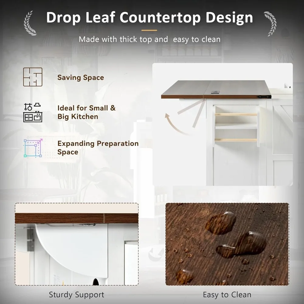 جزيرة مطبخ خشبية دوارة مع مخرج طاقة وأوراق متدلية، عربة تخزين متنقلة على عجلات مع أدراج #5