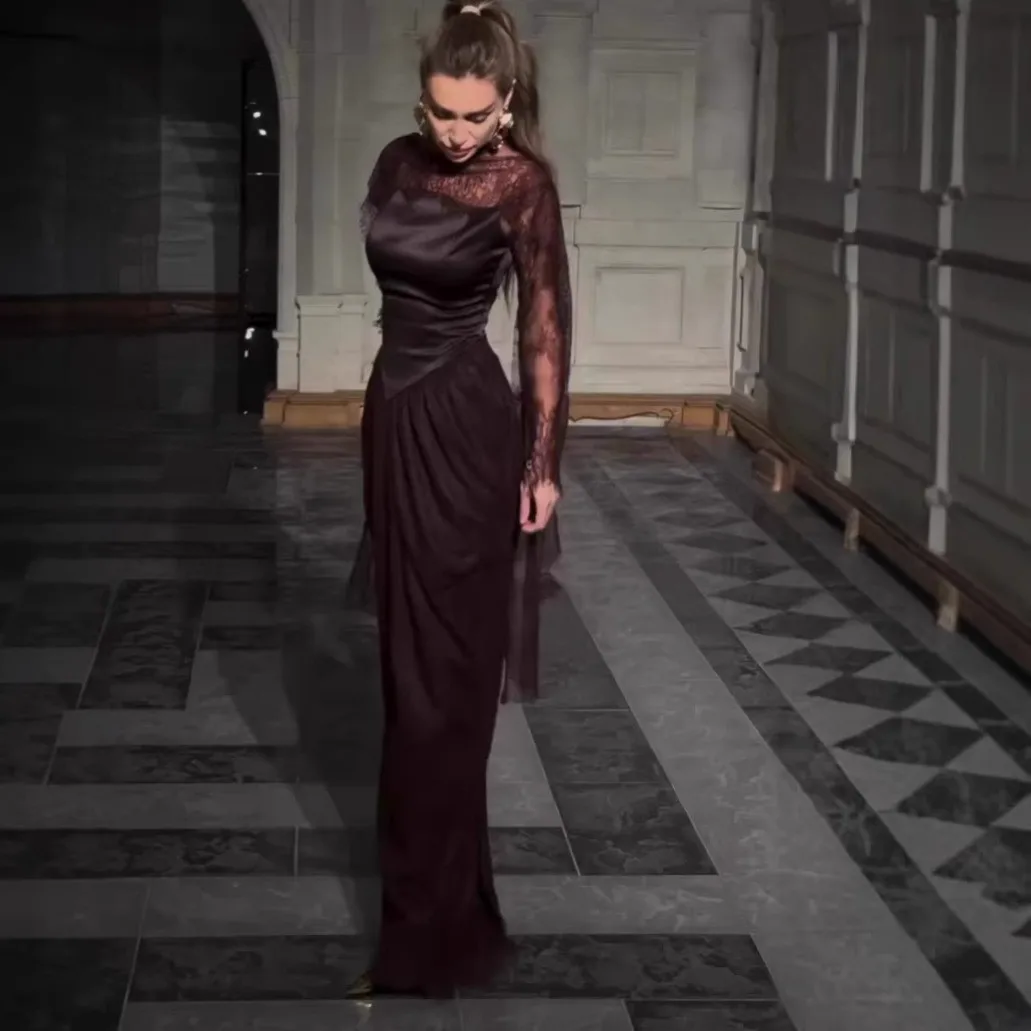 Long Sleeve Slim Fit Gown High Waist Private Designer Style with High Neck Elegant Style Pullover Fitted a Line Autumn for Women