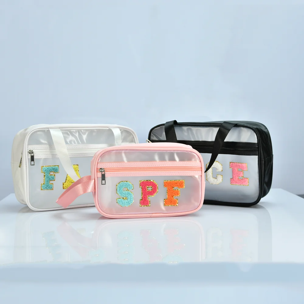 Transparent PVC Makeup Bag with Waterproof and Large Capacity Zipper Design, Towel Embroidery Storage Bag with Handle