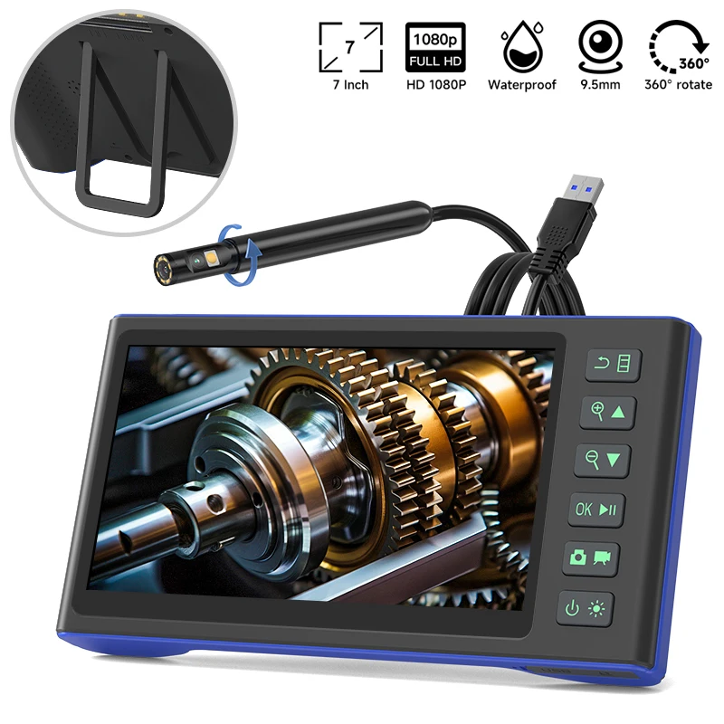 

360° Auto Rotate Industrial Endoscope Camera HD1080P 7'' IPS Screen Borescope Detachable Design with 9.5mm Dual&Triple Lens IP67
