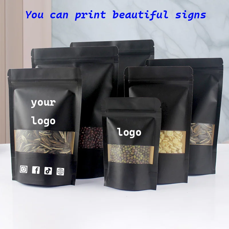 50 Stück transparente, schwarze, selbstverschließbare Beutel mit Fenster, lebensmittelechte Verpackungsbeutel, feuchtigkeitsbeständige Snackbeutel, mit individuellem Logo bedruckbar