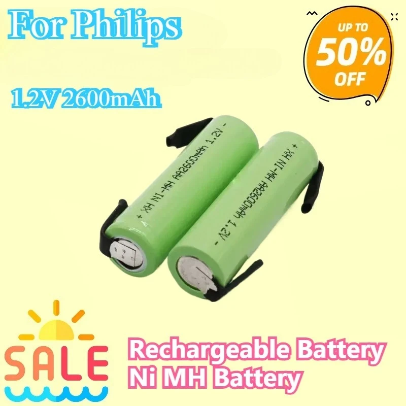 

New AA 1.2V 2600mAh Rechargeable Battery Ni MH Battery Green Shell For Philips Electric Shaver Toothbrush With Welding Lug