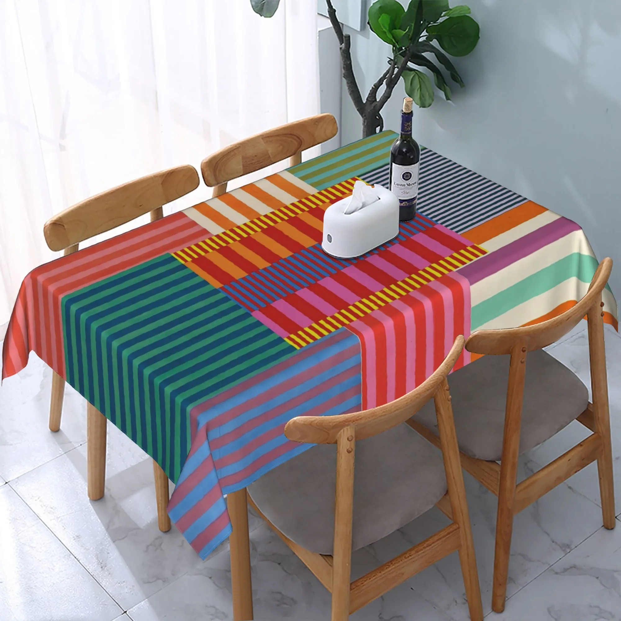 Color-striped collage art style tablecloth, square-shaped tablecloth, specially attractive to guests, polyester fabric