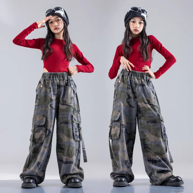 

Kid Hip Hop Clothing Red Bodysuit Leotard Top Camouflage Casual Strap Wide Cargo Pants for Girl Jazz Dance Costumes Wear Clothes