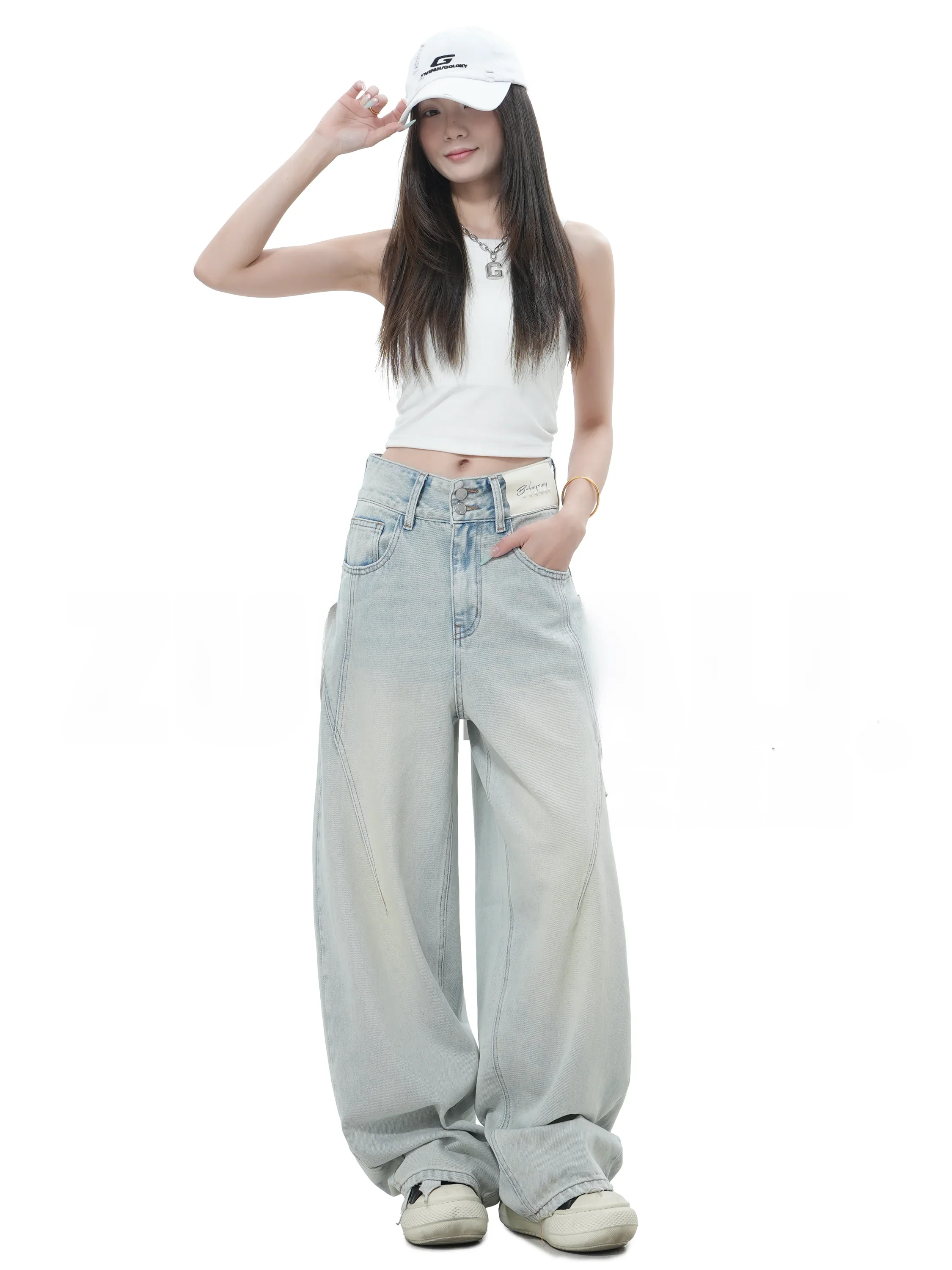 

Zuolali High Waist Wide Leg Jeans American Retro Knife Design Casual Comfortable Breathable Cotton Blend Spring Summer