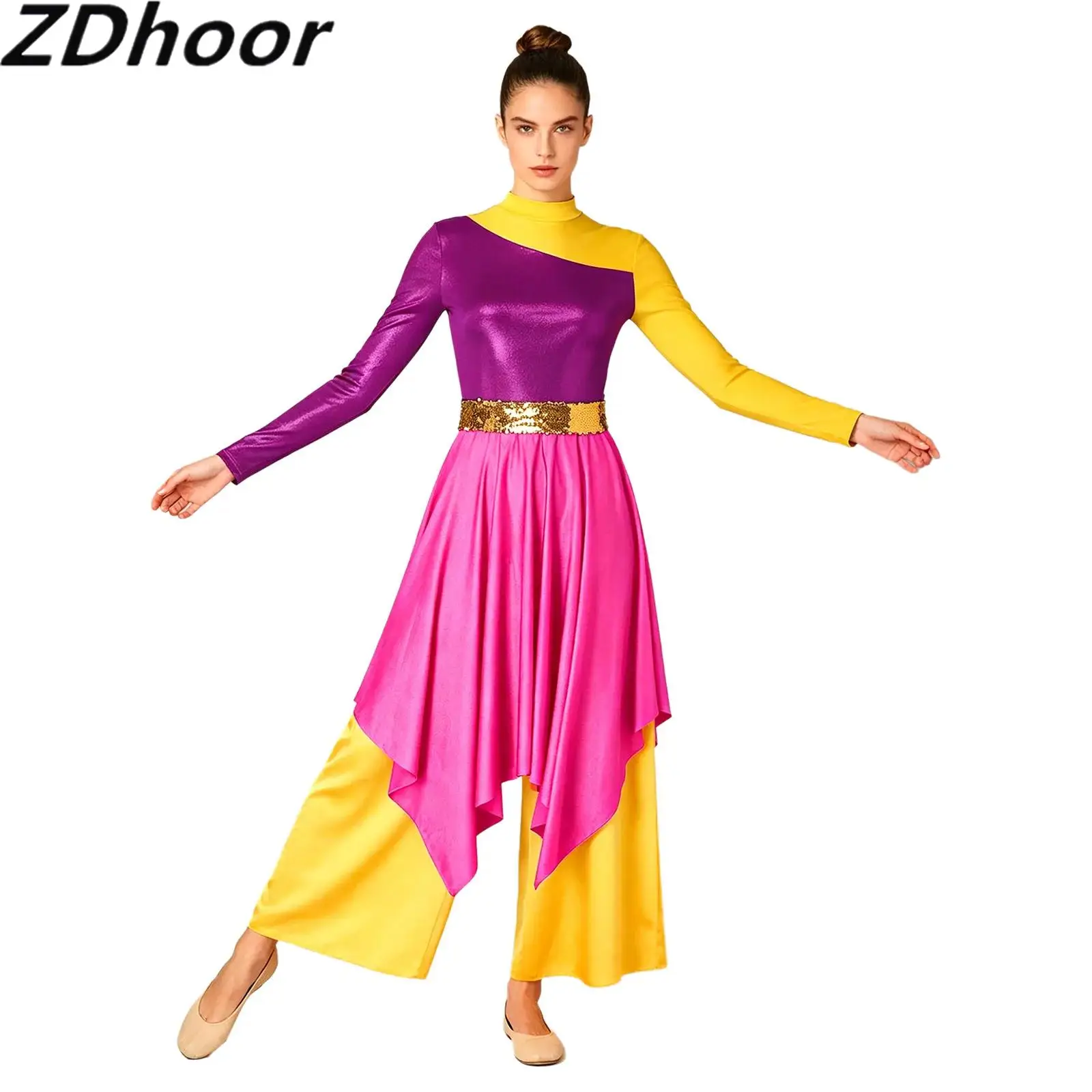 Women Praise Worship Dance Color Blocking Rompers with Sequin Belt Metallic Shiny Bodice Wide Leg Pants Irregular Hem Jumpsuit