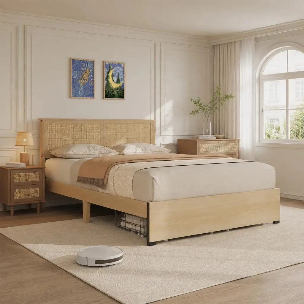 Boho Rattan Platform Bed Frame with Cane Headboard – 2 Storage Drawers – Wooden Slats – RGB LED Lights – Noise-Free – No Box Spring Needed – Oak Finish