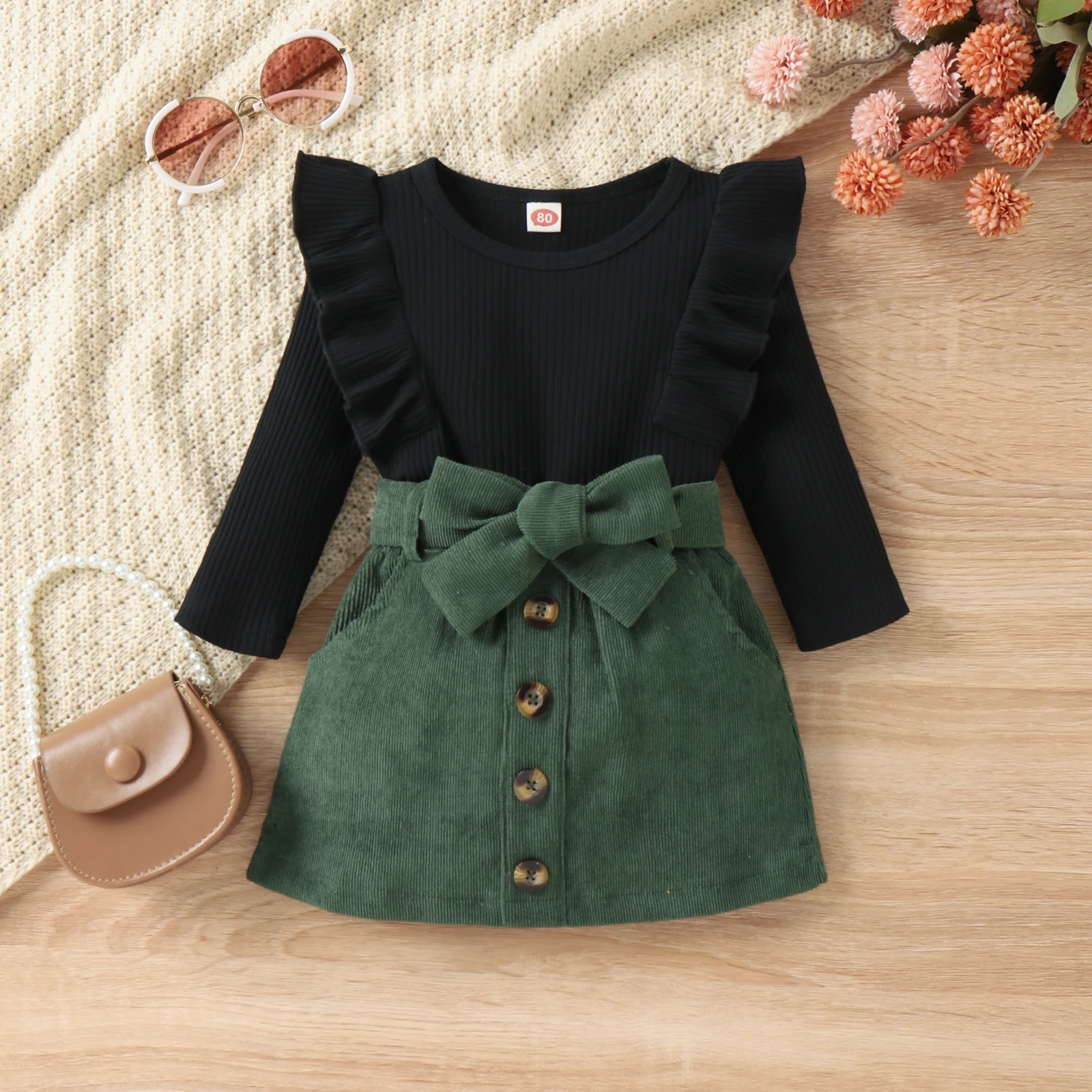 3PCS Autumn New Style 1-4 Year Old Girl Baby Trend Fashionable Round Collar Solid Color Pit Strip Top + Corduroy Short Skirt Set