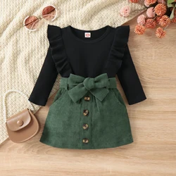 3PCS Autumn New Style 1-4 Year Old Girl Baby Trend Fashionable Round Collar Solid Color Pit Strip Top + Corduroy Short Skirt Set