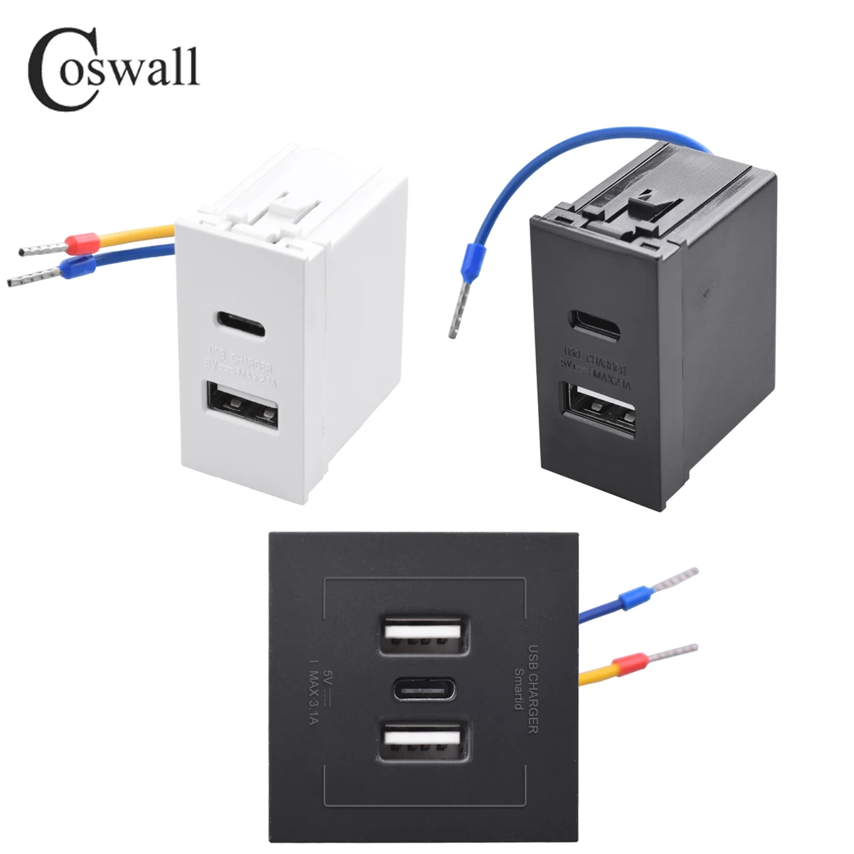 Tomada de Parede Série COSWALL-E45 e P45, E45, Branco e Preto, 45x22.5mm, Tipo-C e A, Carregador Dual USB, DC 5V, Módulo 2A Max, DIY, CA 100-240V