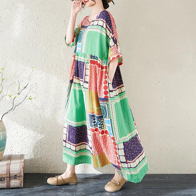 

Summer New Green Bohemian Long Cotton Linen Women's Dress round Neck Loose Fit City Walk Artistic Style Short Sleeve Long Skirt