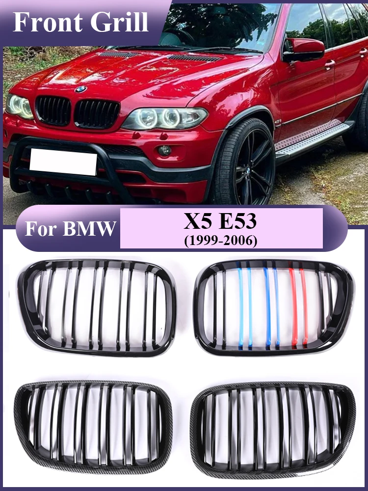 Black Gloss M Style Front Bumper Kidney Grille for BMW X5 E53 X5M 1999-2006 Carbon Fiber Inside Radiator Grills Cover