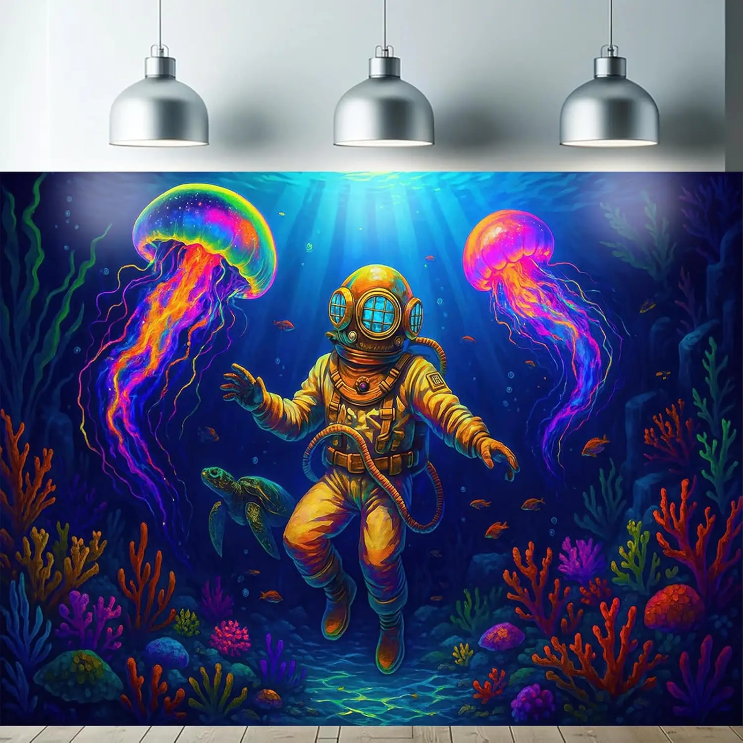 Starlit Patio Psychedelic Diver Blacklight Tapestry UV Reactive Wall Hanging Jellyfish and Coral for Bedroom Dorm Living Room
