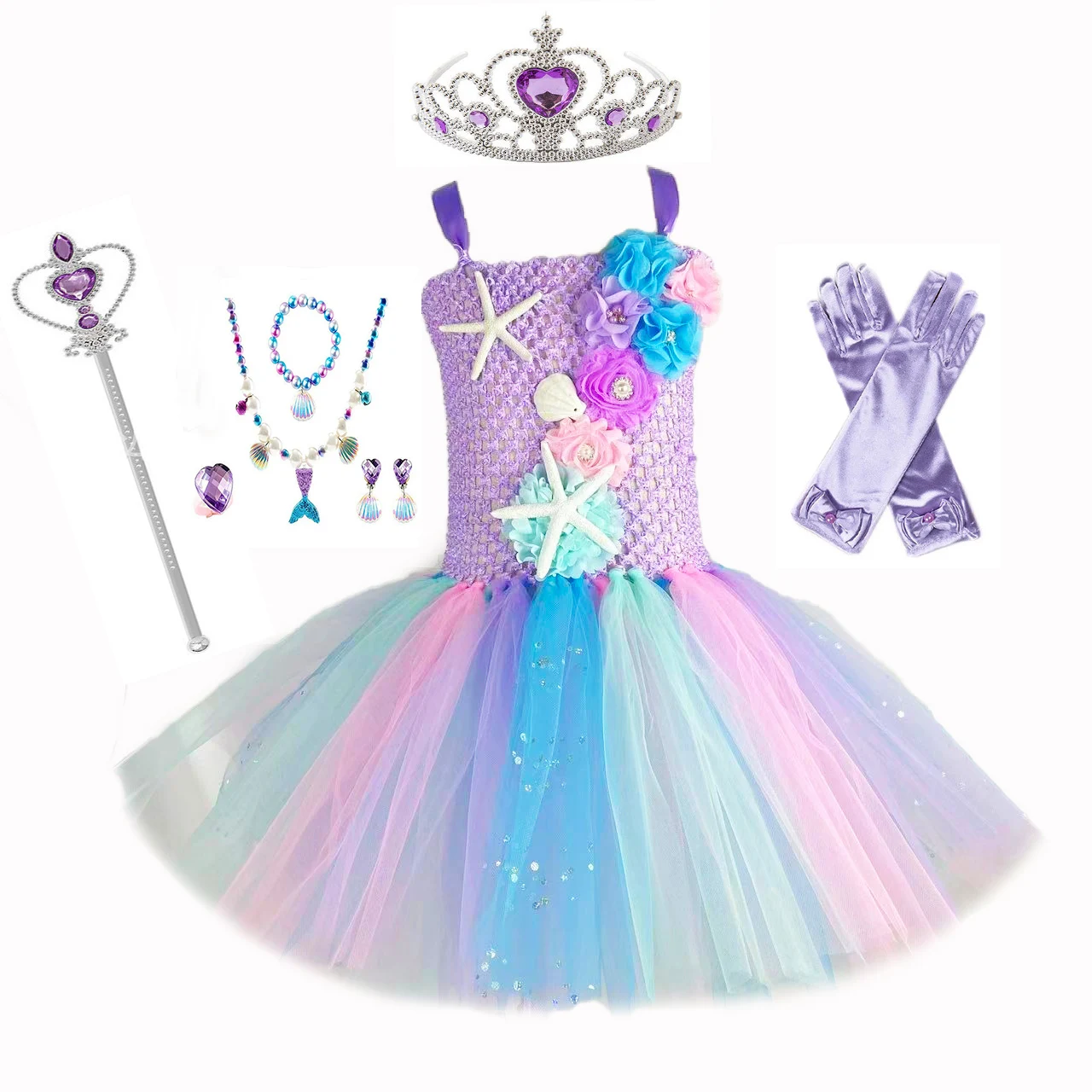 Girls Mermaid Princess Tutu Dress Starfish Sea Theme Birthday Halloween Party Carnival Costumes Kids Glitter Flower Dress 1-12Y image 2