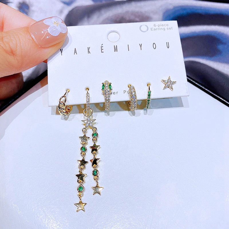 Trendy 6pcs Long Chain Tassel Star Snake Huggie Drop Earrings Set Green Cubic Zircon Women Jewelry