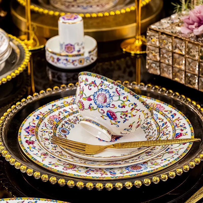 

ZML tableware bowls and plates jingdezhen palace style enamel bowls and plates set