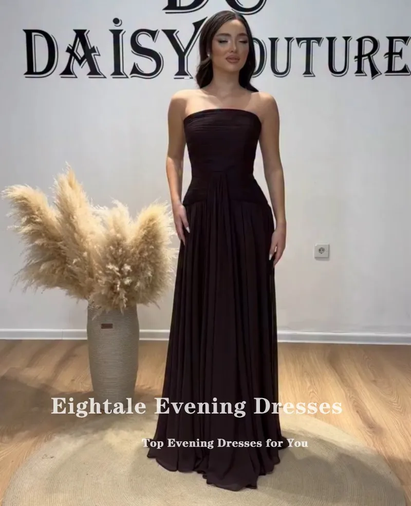 Eightale Arabische Abendkleider für Hochzeit, Party, trägerlos, maßgeschneiderte Chiffon-Falten, A-Linie, bodenlang, muslimische Ballkleider