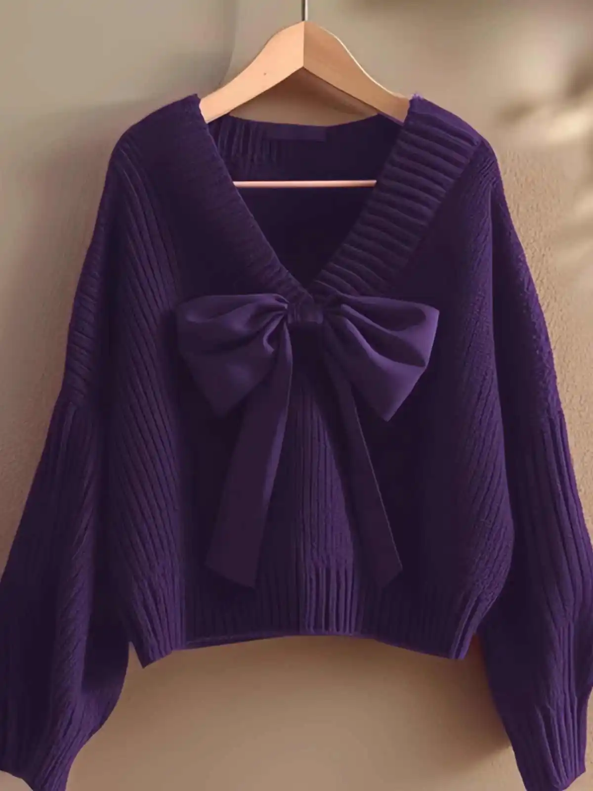 French Style Purple Sweater Women Autumn New Bow V-Neck Loose Temperament Knitted Pullovers Exquisite Elegant Knitwear Tops