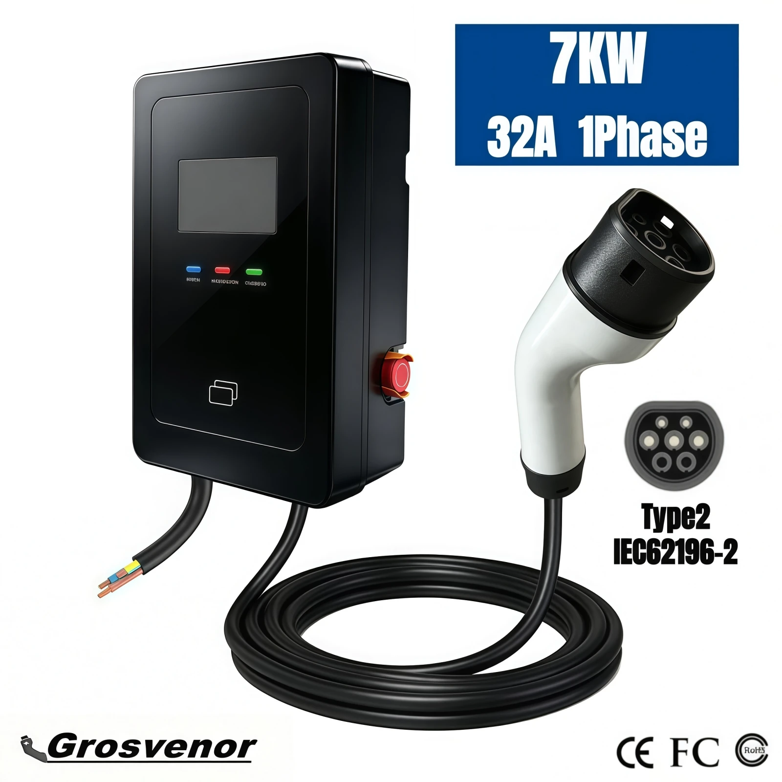 EV Charger Type 2 7KW 32A Wallbox 1Phase IEC62196-2 EV Charging BT APP Control Adjustable Current Electric Car Charging Station