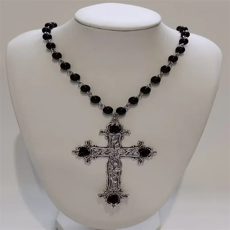 2022 Large Detailed Cross Drill Pendant Jewel Necklace Black Rosary Gothic Punk Jewellery Fashion Charm Statement Women Gift