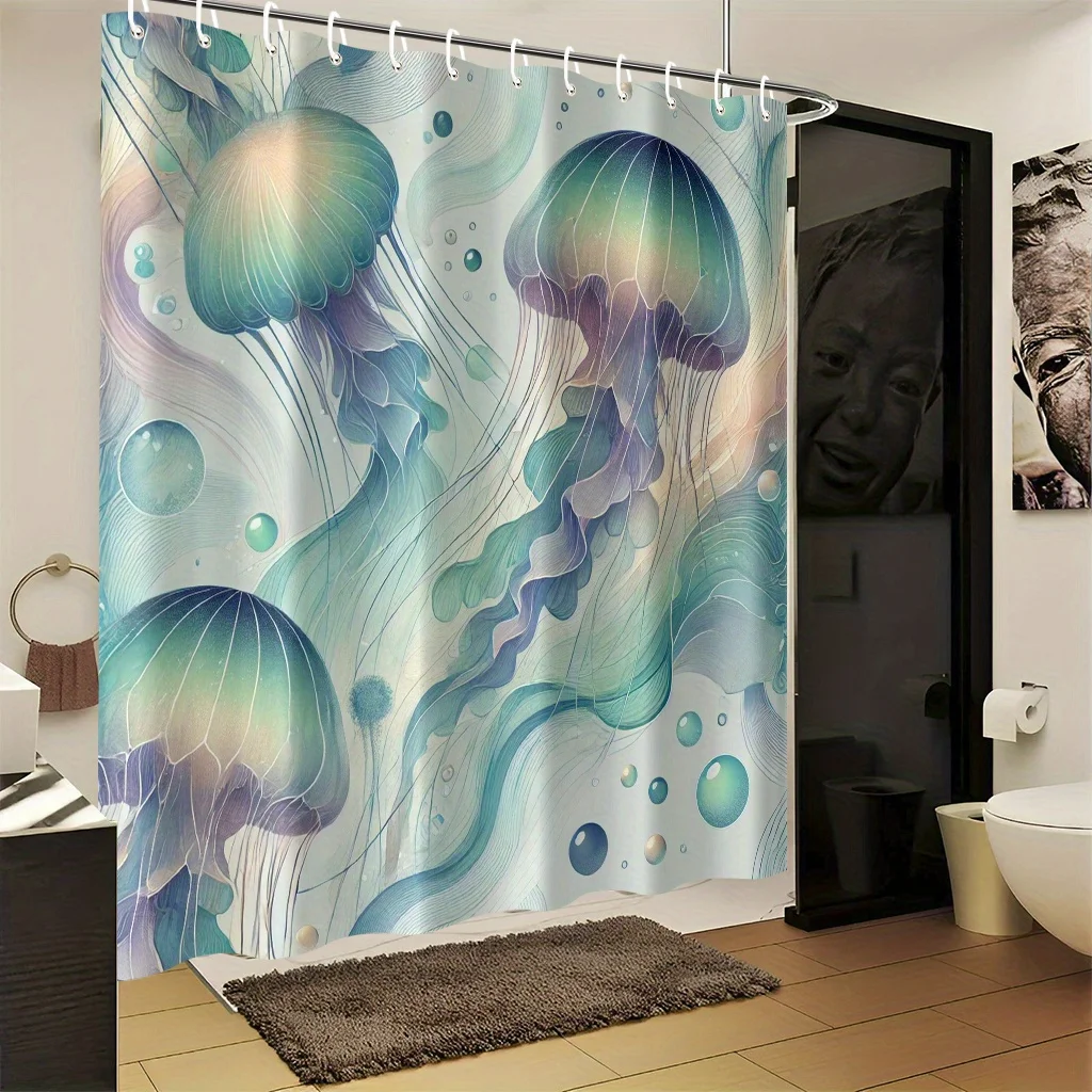 

Занавеска для душа с красивым рисунком медузы, размер 70X70 дюймов, в комплект входит 12 крючков, изготовлен из полиэфирной ткани, легко