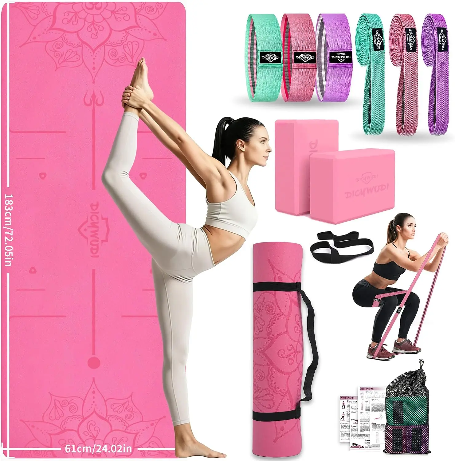 Home Workout Equipment Essentials Starter Kit for Beginners: Thick Yoga Mat, 2-Pack Yoga Blocks, 6 Fabric Resistance Bands for Full-Body Toning