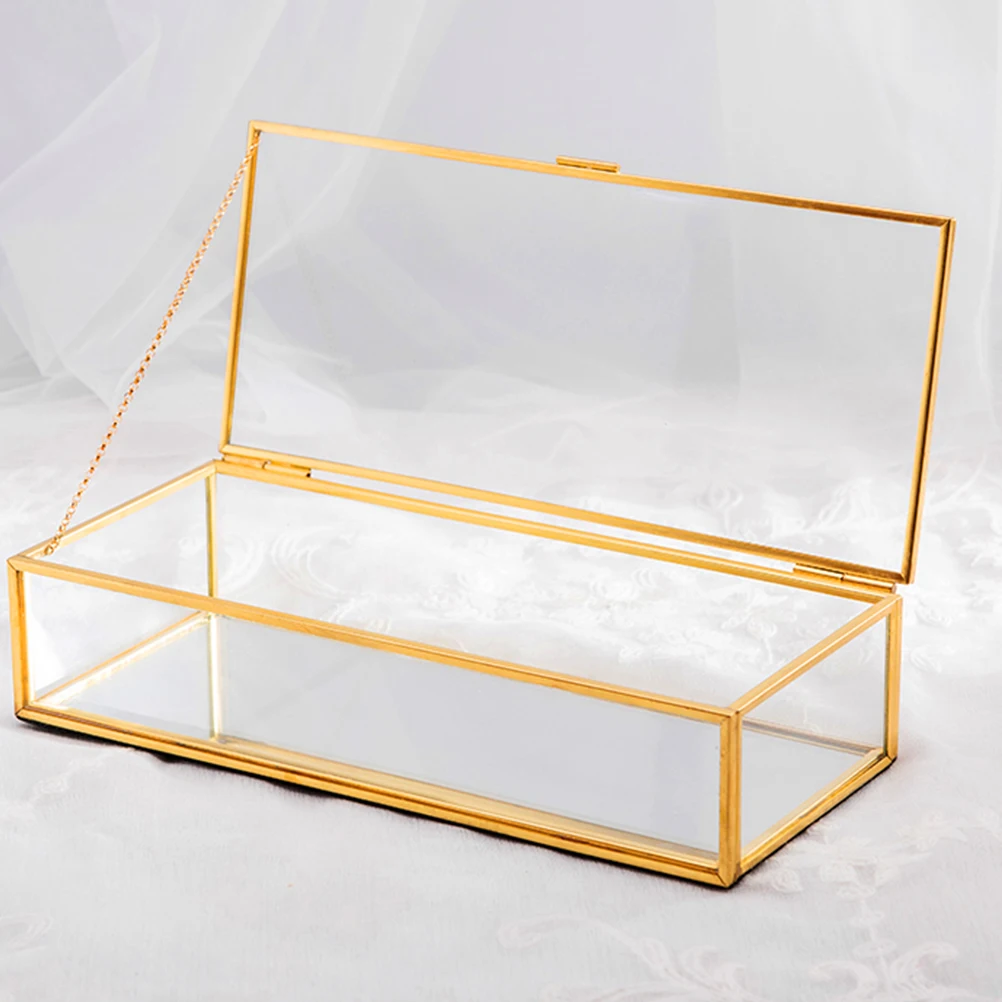 Premium Golden Trim Glass Jewelry Organizer Desktop Decoration Box for Weddings Birthdays Anniversaries Special Occasions