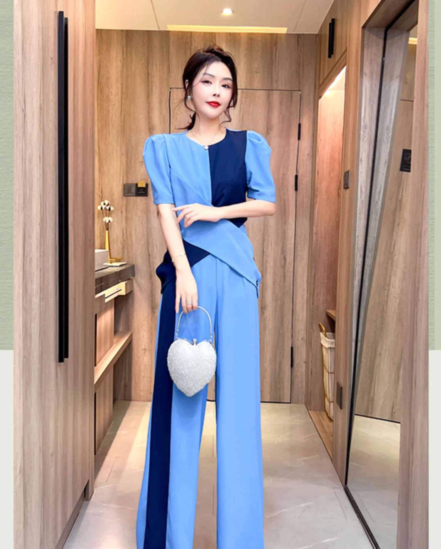 Women 2024 Summer Fashion Splice 2-Piece Set Female Asymmetric Contrast Color Business Suit Two-piece Temperament Wide Leg Pants