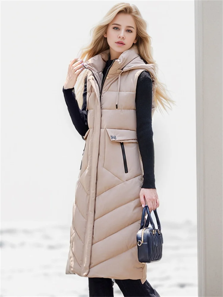 Fall-Winter 2024 New Women\'s Jacket With Long Cotton Waistcoat Vogue Over-The-Knee Hooded Padded Sleeveless Vest Warm Coats