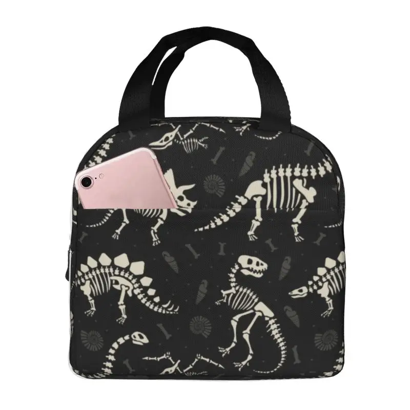 Custom Dinosaur Fossils Lunch Box Women Dino Skeleton Thermal Cooler Food Insulated Lunch Bag School Student Picnic Tote Bags