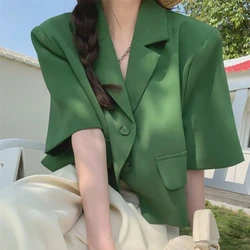 Fashion Streetwear Women Short Sleeve Suit Blazer Summer Loose Solid Top Casual Korean All-match Elegant Button Suit Blazer New