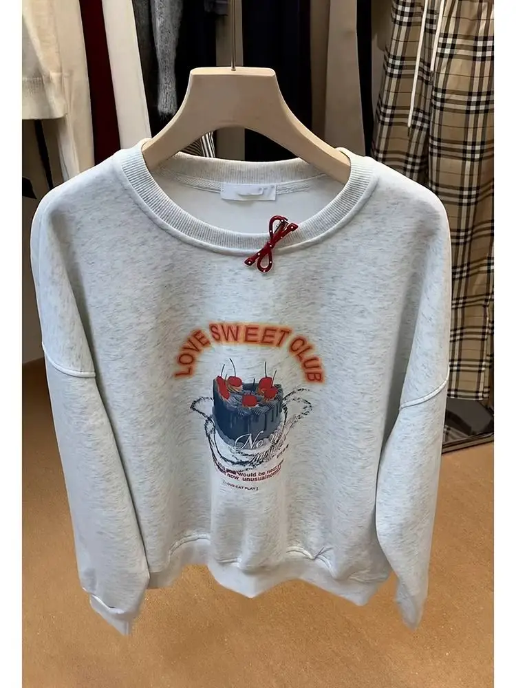 Love Sweet Club Cherry Printed Sweatshirt Light Gray Pullover Loose Baggy Streetwear Fashion Women K Pop Clothes Krorean Style