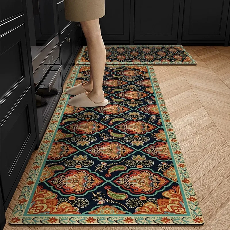Kitchen Floor Mat Vintage Bohemian Carpet Non-slip Dirty Resistant Oil-proof PVC Leather Mats Anti-slip Rugs 카펫 Коврик Для Кухни