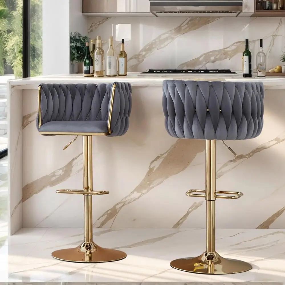 Bar Stools Set o 2, Adjustable Swivel Counter Height Barstools with Woven Back & Gold Legs, Velvet Bar Chairs or Kitchen Island,