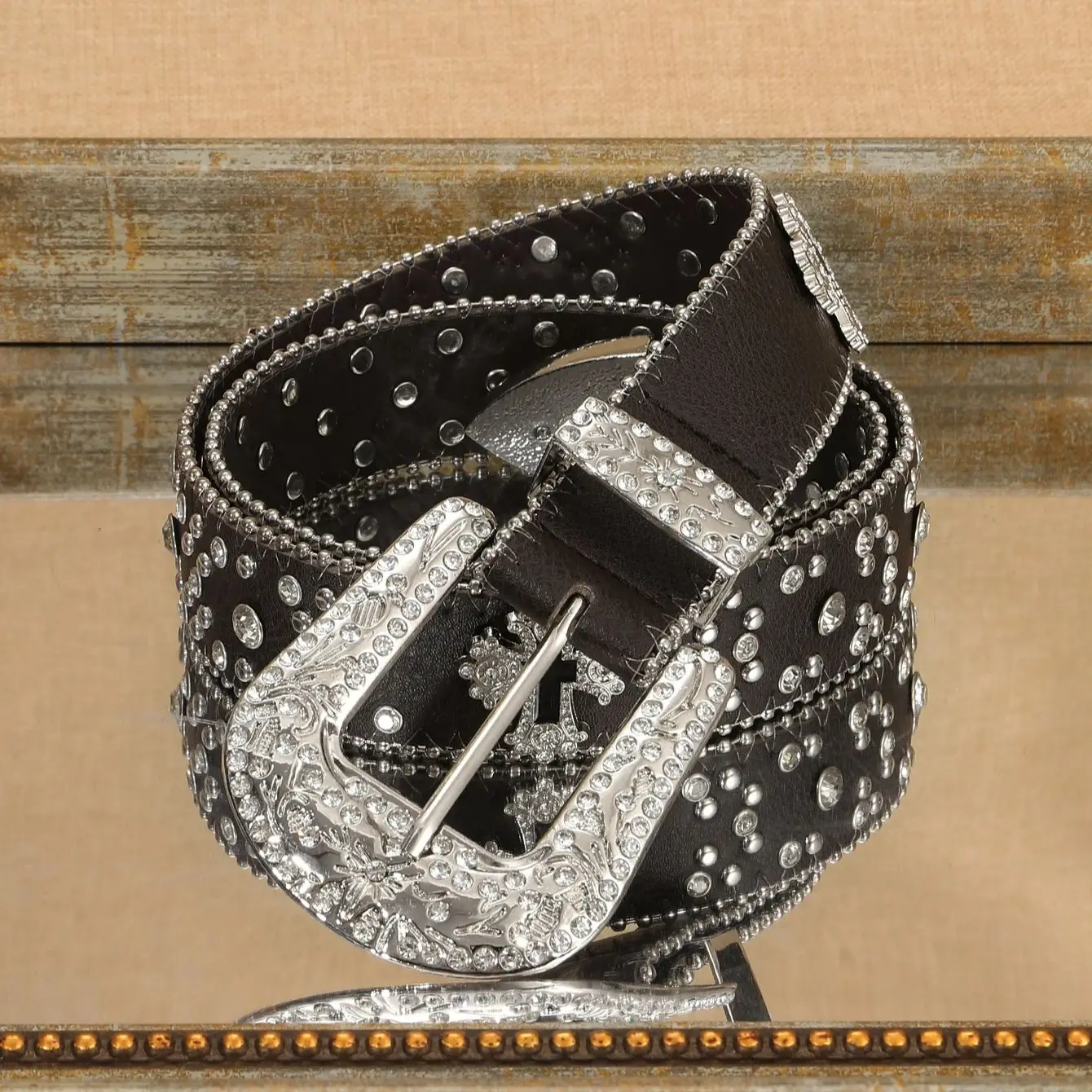 1 Piece Women's PU Coffee Metal Accessory Rhinestone Cross Chain Buckle Waistband Fashion Trendy Bohemian Style Belt Suitable Fo
