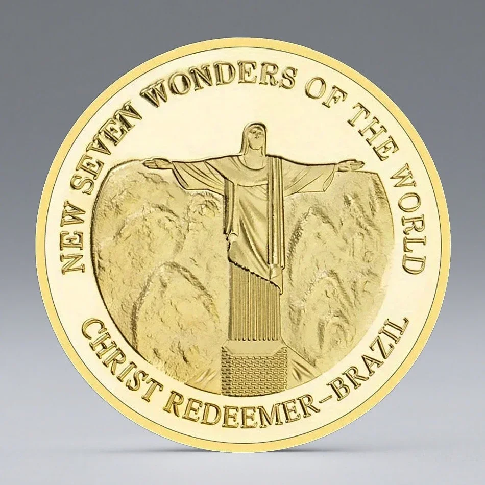 The World of New Seven Wonders Golden Plated Collectible Coin Christ Statue in Rio De Janeiro Souvenir Coin