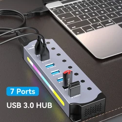 High Speed RGB 7 Ports USB 3.0 HUB Individual Switch 3.0 Adapter Multiport USB A Splitter Aluminum USB Hub For Computer Laptop