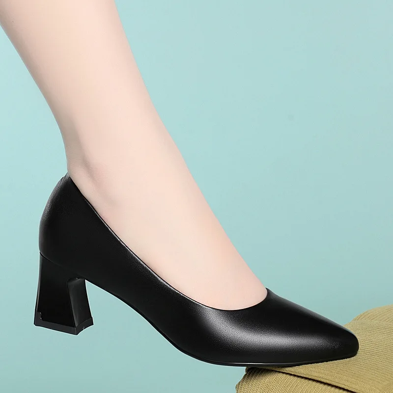

2025 New Women's Leather Shoes Square Heel Slip-on Work Formal Shoes For Women Fashionable High Heel Female Shoes