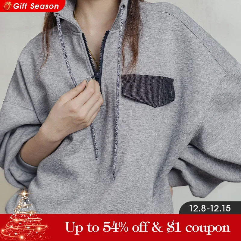 Maden-Sudadera con media cremallera para mujer, Jersey de estilo universitario, cuello alto, Tops versátiles, sudadera sin capucha de Color sólido