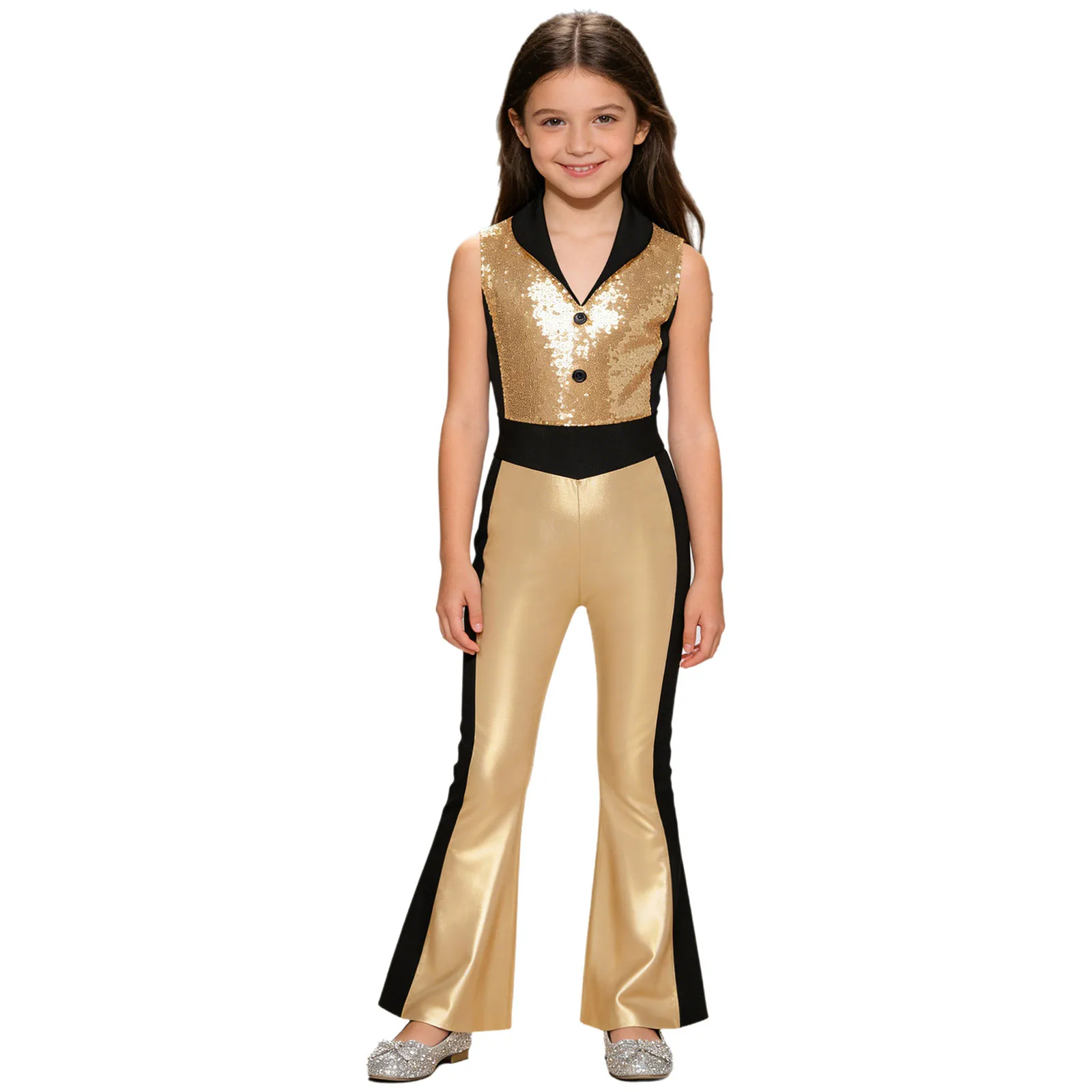 Flared Jumpsuit Girls 70s Disco Party Outfit Lapel Sequined Bell Bottom Street Jazz Dance Costume Kids Metallic Rompers Bodysuit