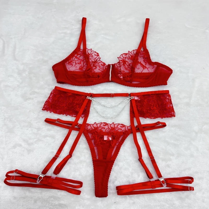 Bikini with metal chains, floral embroidery, mesh, transparent, sexy three-piece swimsuit for women