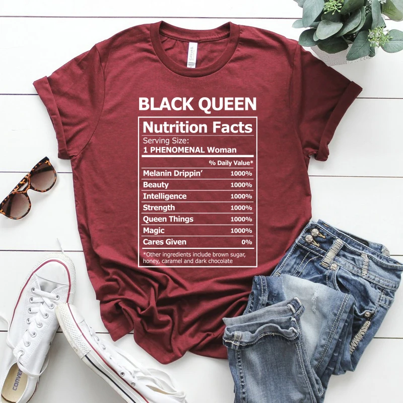 2020 Black Queen Nutritional Facts T-Shirt Black Girl Magic Shirt Women Melanin Shirts Black Power Queen Graphic Tee