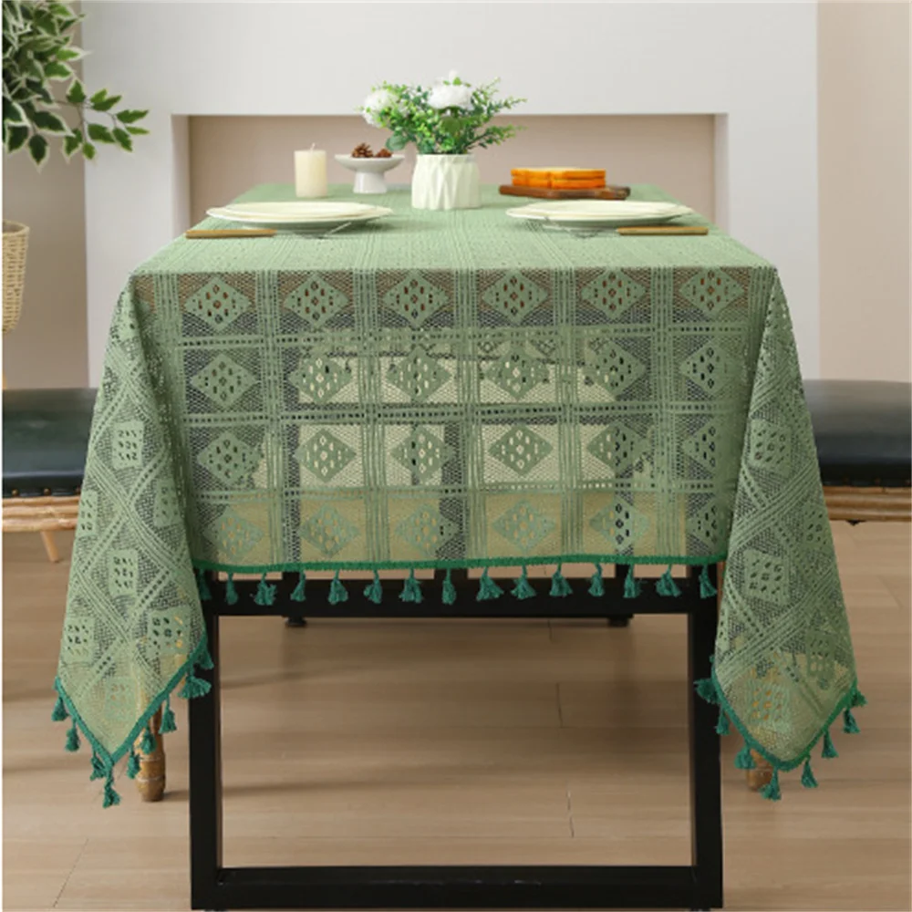 1Pcs Hollow Out Anti Slip Lace Dustproof Dining Table Cloth With Tassel Retro Rectangle Tablecloth Dining Room Table Decor