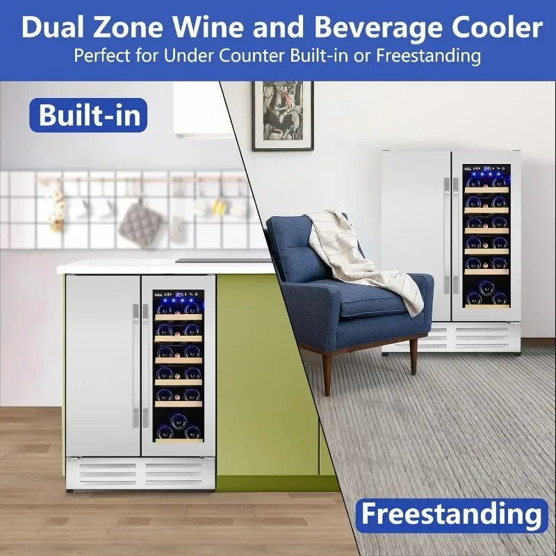 Wine and Beverage Refrigerator,24 Inch Dual Zone Wine Beverage Cooler, Built-in/Freestanding Beer and Wine Fridge