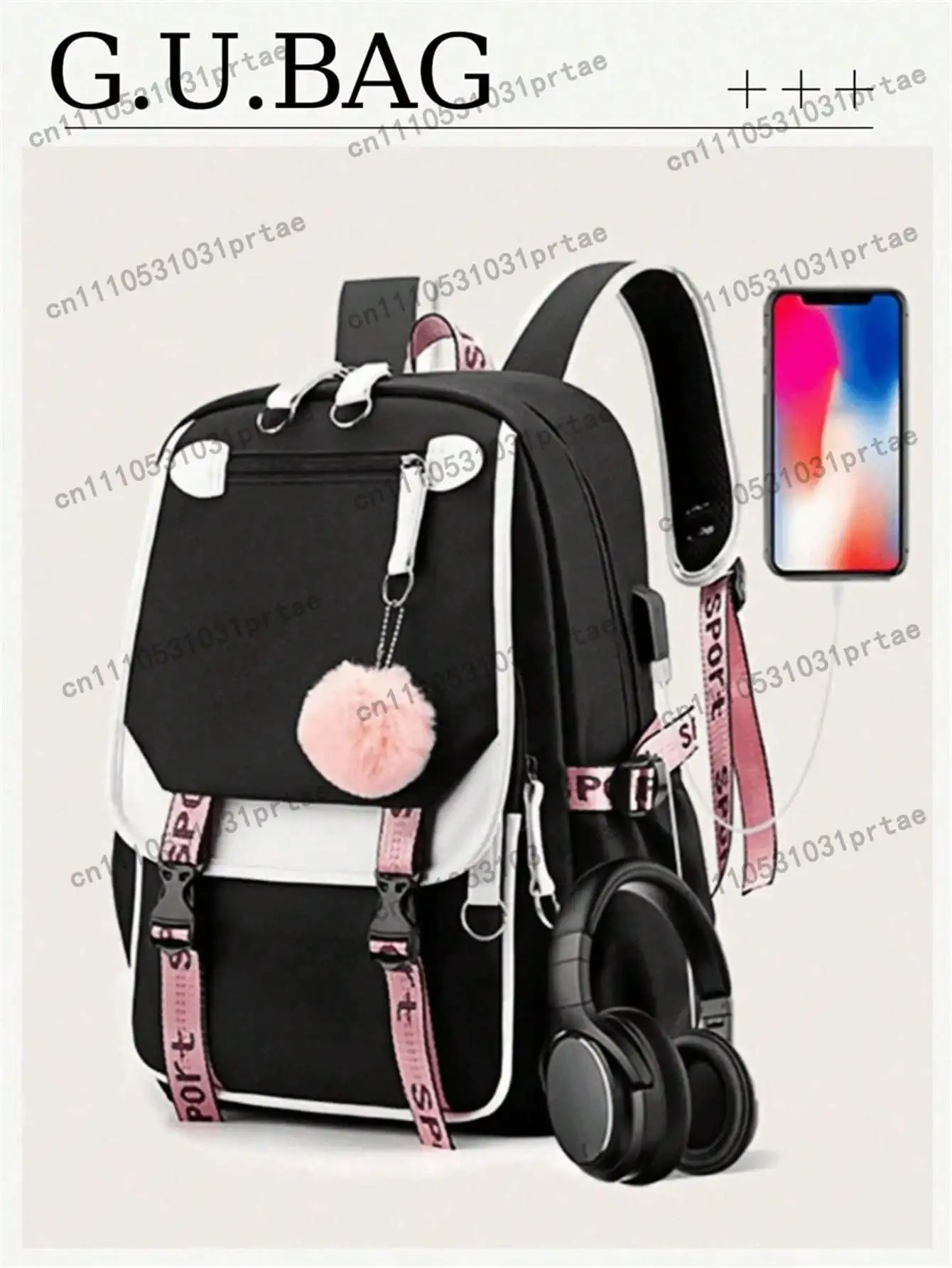 Large Capacity Backpack With USB Port, Fashionable Black & Pink Backpack Suitable For Teenagers, High School And College Student