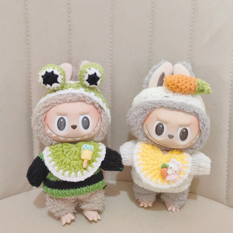

For 17cm Labubu's Clothes Rabbit Frog Knitted Striped Sweater Bib Crossbody Bag Headband Outfit Labubu Accessories
