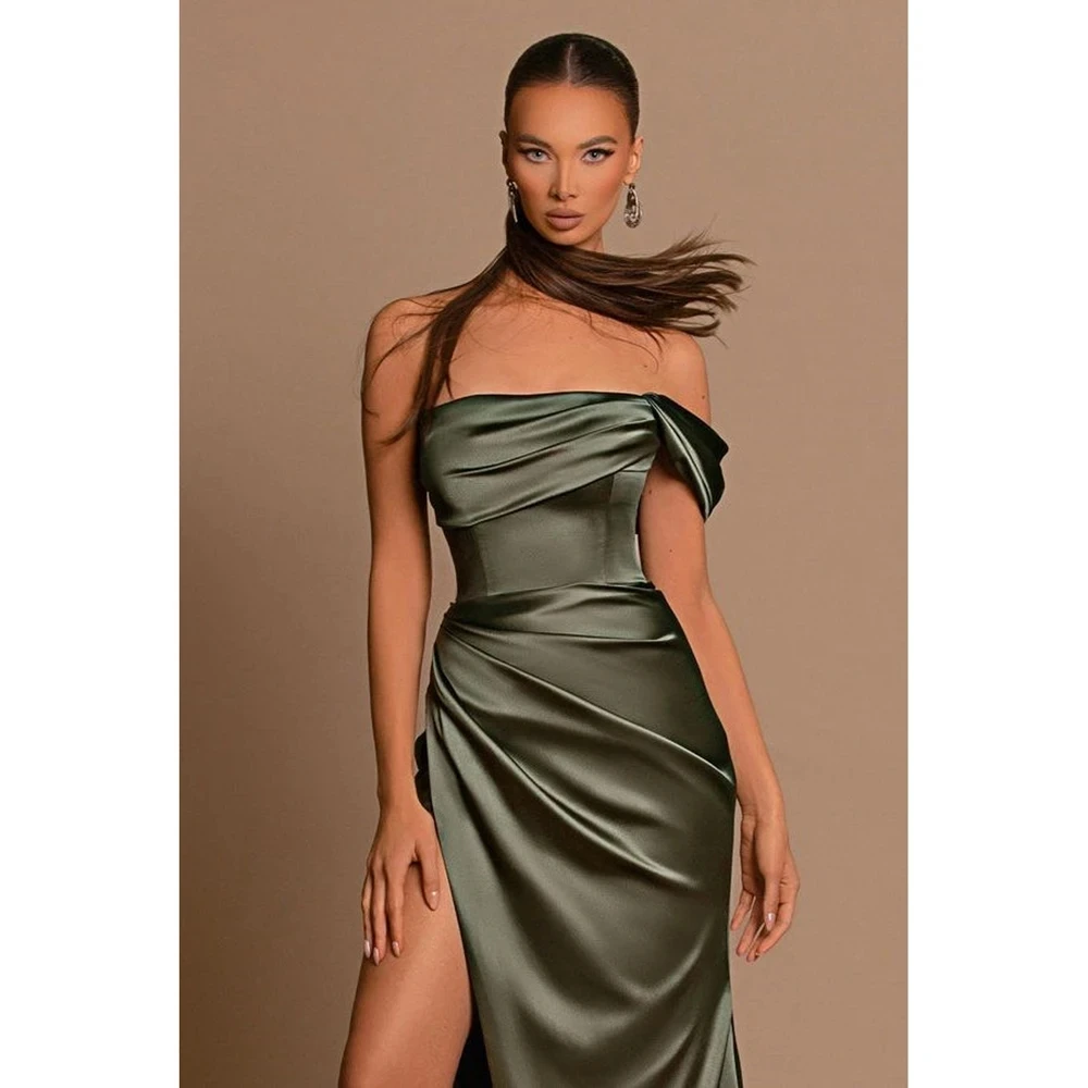 Elegante vestido de noite feminino fora do ombro, Verde Cetim, Divisão alta, Busto Ruched Cintura, Plissado, Baile, Vestido de festa formal, 2022, Verde