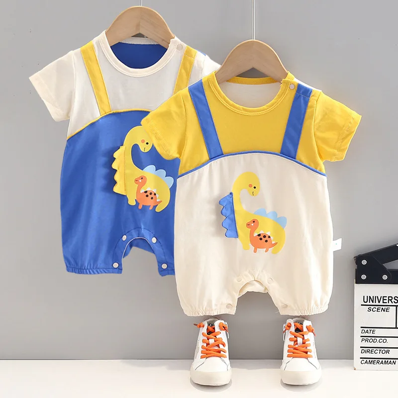 

Летний детский комбинезон с мультяшным динозавром, хлопковый, с коротким рукавом, для ползания, комбинированный, для малышей 0-1 года