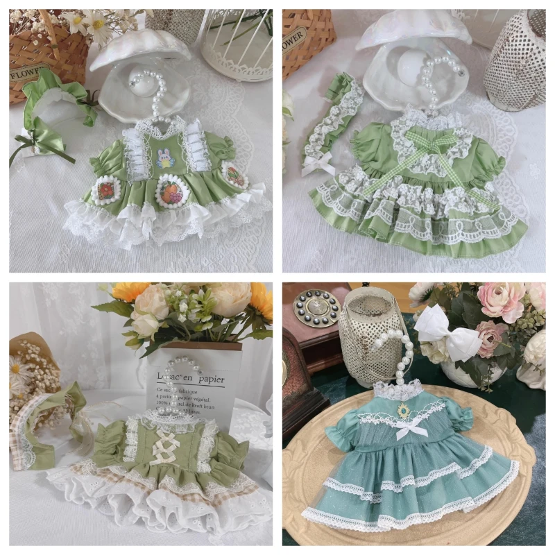 Handmade 2pc/set 10/15/20/25/40cm Only Doll Clothes Green Lace Hair Bands Princess Dress Suit Outfit for Dolls Gift DIY Toys