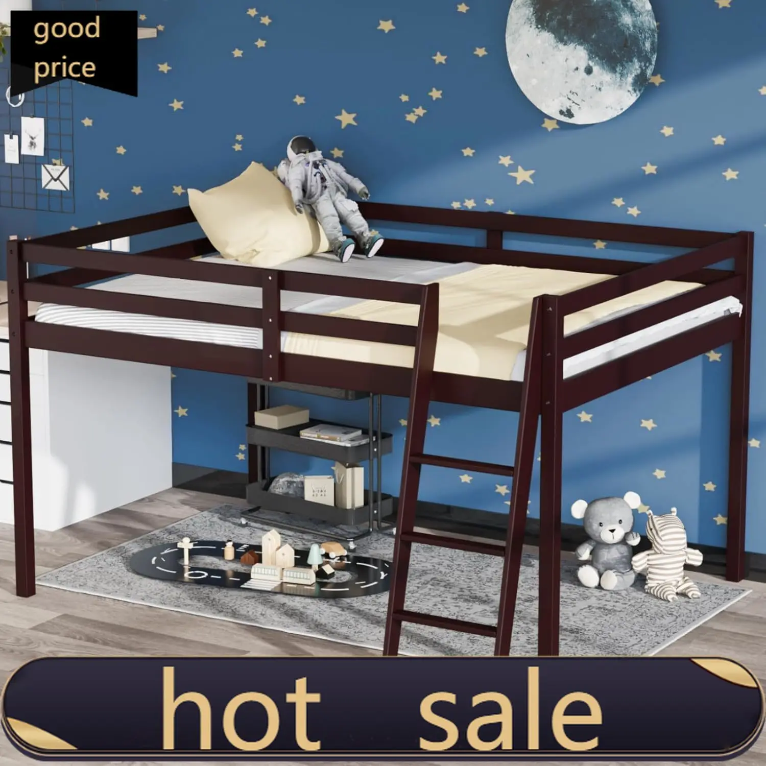 VINGLI 47'' Tall Junior Low Loft Bed with Stairs, Wood Loft Bed Twin Size for Adults, Kids and Young Teens, No Box Spring Requir